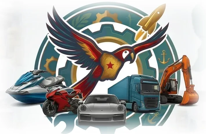 Illustration de la marque OMNI PARTS GUYANE : un ara, un engrenage et des véhicules auto, moto, camion, nautique et BTP